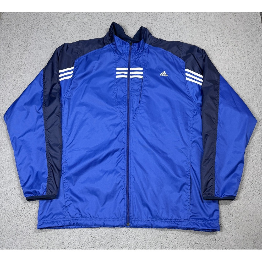 Adidas Jacket Mens XL Blue Navy Full Zip Windbreaker 3-Stripes Track Athletic